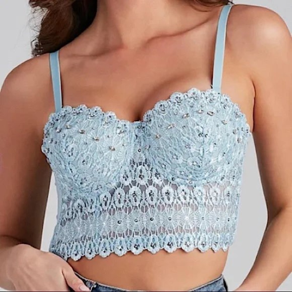 Windsor Light Blue Lace Rhinestone Sequin Bustier Corset Top DS4017 XS